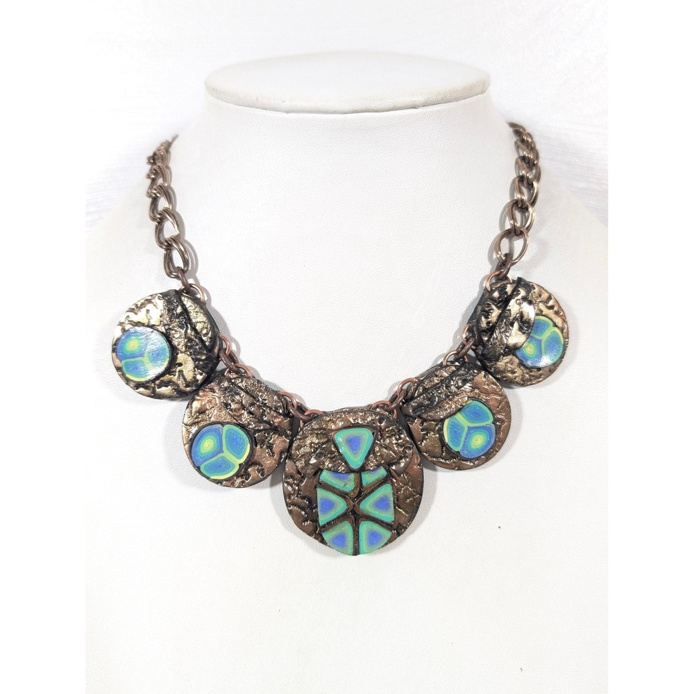 Artisan Clay Scarab Statement Necklace 17 Inch Handcrafted Multicolor Beaded